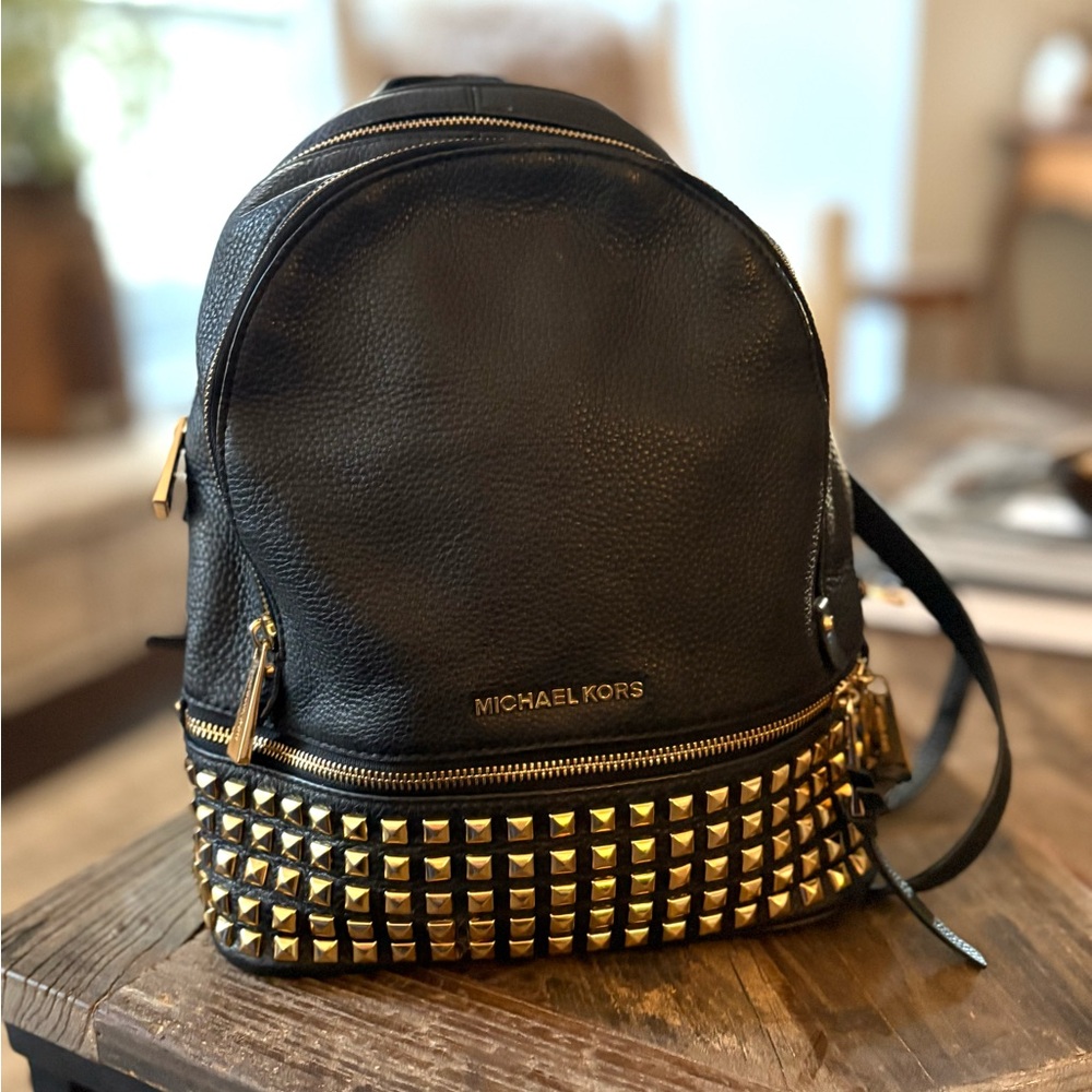 RHEA MICHAEL KORS STUDDED PEBBLED LEATHER BLACK BACKPACK